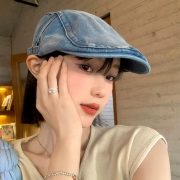 Women's Summer Retro Washed Denim Cap - Korean Style Large Head Size Thin Beret Newsboy Hat