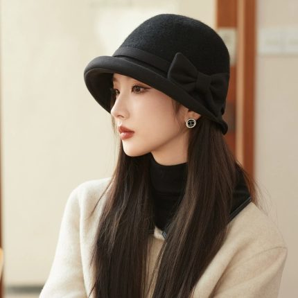 Korean Style Autumn Winter New Women's Wool Bucket Hat with Bow - Elegant Face-Flattering Wide-Brim Hat