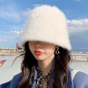 Women's Winter Rabbit Fur Bucket Hat - Korean Style Warm Plush Japanese-Inspired Wide-Brim Hat